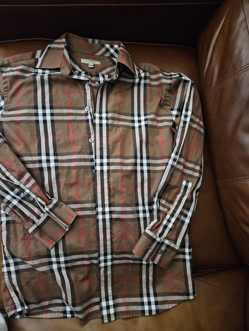 Burberry Brown Plaid Button-Down Shirt with Black & White Stripes Mens Small - Picture 2 of 6